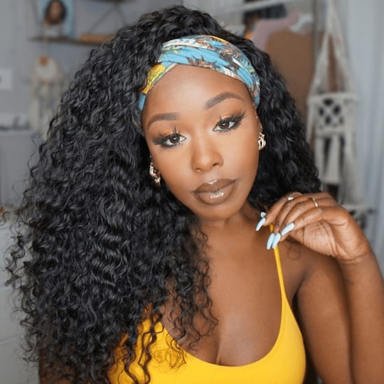  Water Wave Glueless Human Hair Wigs Headband Wig With Pre-attached Scarf Natural Color