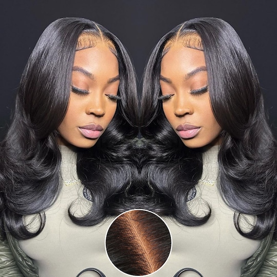 Pre Bleached Knots 7X5 Natural Black And Ombre Smokey Deep Purple Black Root Body Wave Lace Frontal Glueless Wig