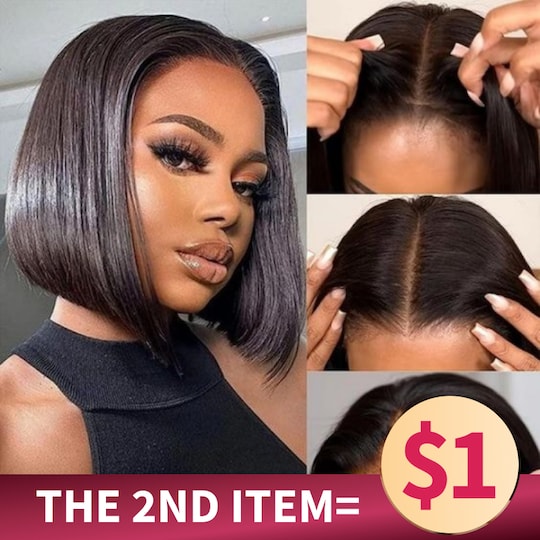 $1 For Another item| 10 inch 4X4 Closure 180% Density Natural Black Bob Wig+ Women's Day Surprise Pink Sleep Robe