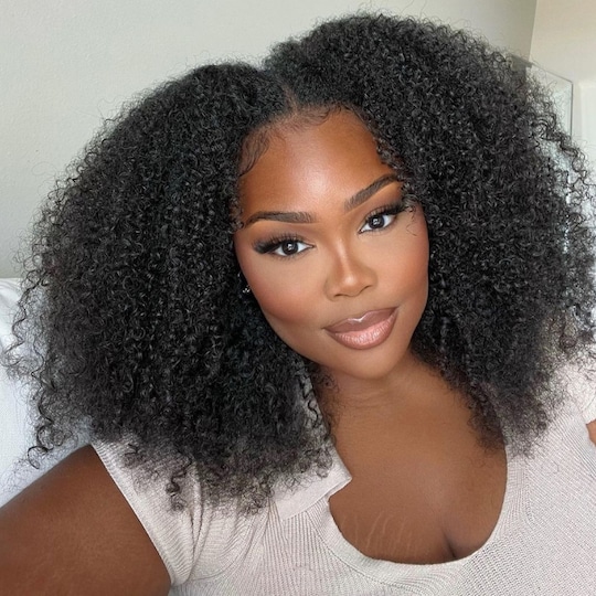  EasiContour V Part Kinky Curly Glueless Put on and Go Human Hair Wigs Protective Style Wig Natural Color