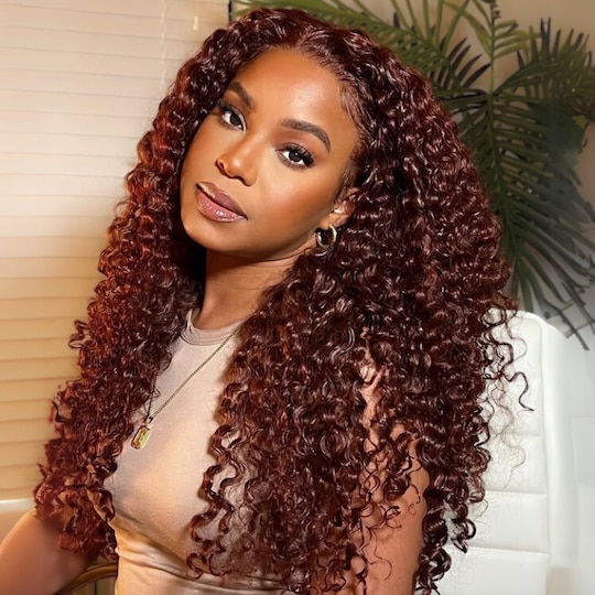  Reddish Brown 33B Auburn 7x5 Bye Bye Knots Lace Closure Jerry Curly Wig Put on and Go Human Hair Wigs with Invisi-Drawstring