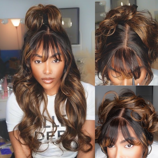  13x4 Pre-Everything™ Lace Frontal Balayage Highlights Fluffy Loose Wave Curtain Bangs Wig