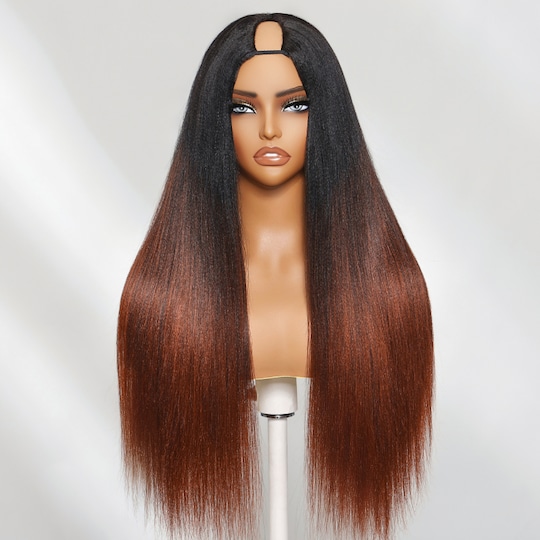  Ombre Reddish Brown Yaki Straight EasiContour V-Part Glueless Human Hair Wig