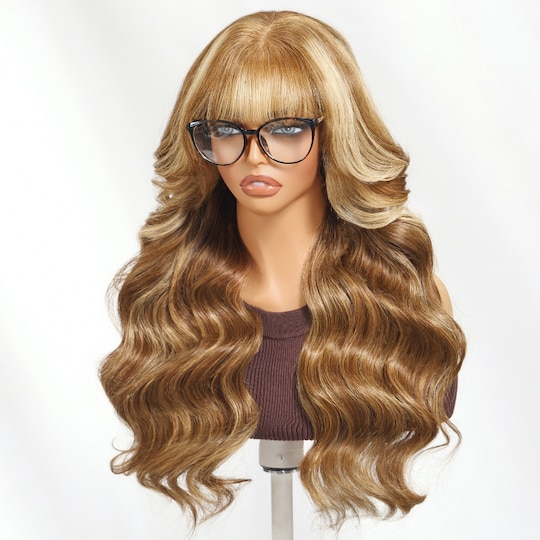  13x4 Pre_Evertyhing Frontal Wig Blonde Highlight Body Wave Human Hair Wig with Curtain Bangs