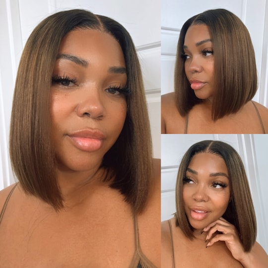  Black to Chestnut Brown Color Yaki Straight Bob Wig 7x5 ByeBye Knots Put on and Go Glueless Human Hair Wig