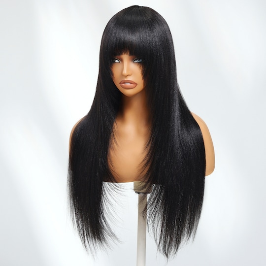  Yaki Straight Bangs Wig Machine Made Human Hair Wigs 180% Density