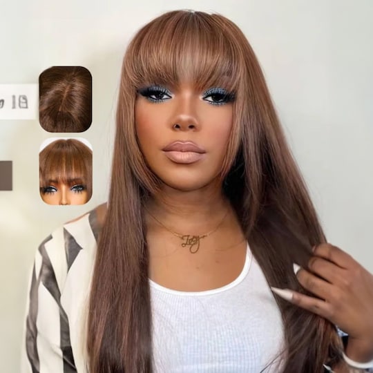 Yaki Straight Human Hair Wigs with Bangs 2x4 Lace Chocolate Brown Layered Cut Glueless Wigs Ready to Wear Wig