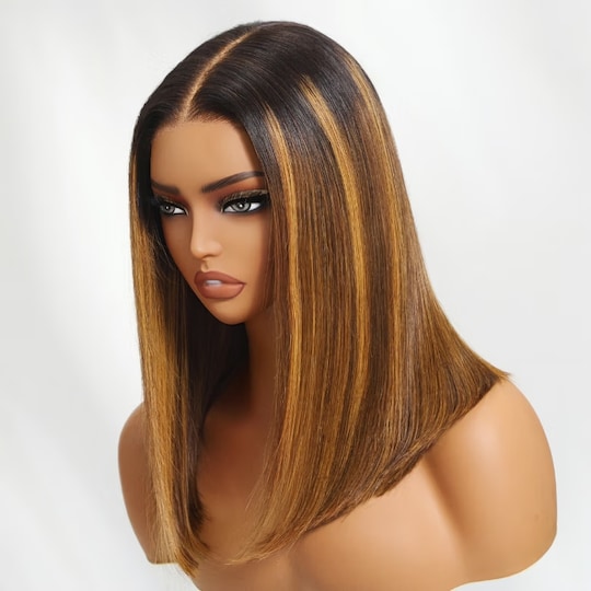  Bye Bye Knots 7x5 Lace Brown Blonde Piano Highlights Blunt Bob Wig with Dark Roots