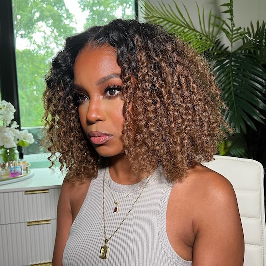  EasiContour V Part Wig Chestnut Brown Ombre Jerry Curly  Glueless Human Hair Wig