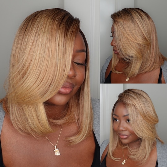  7x5 Lace Bye Bye Knots Blonde with Brown Roots Side Part Blunt Bob Wig